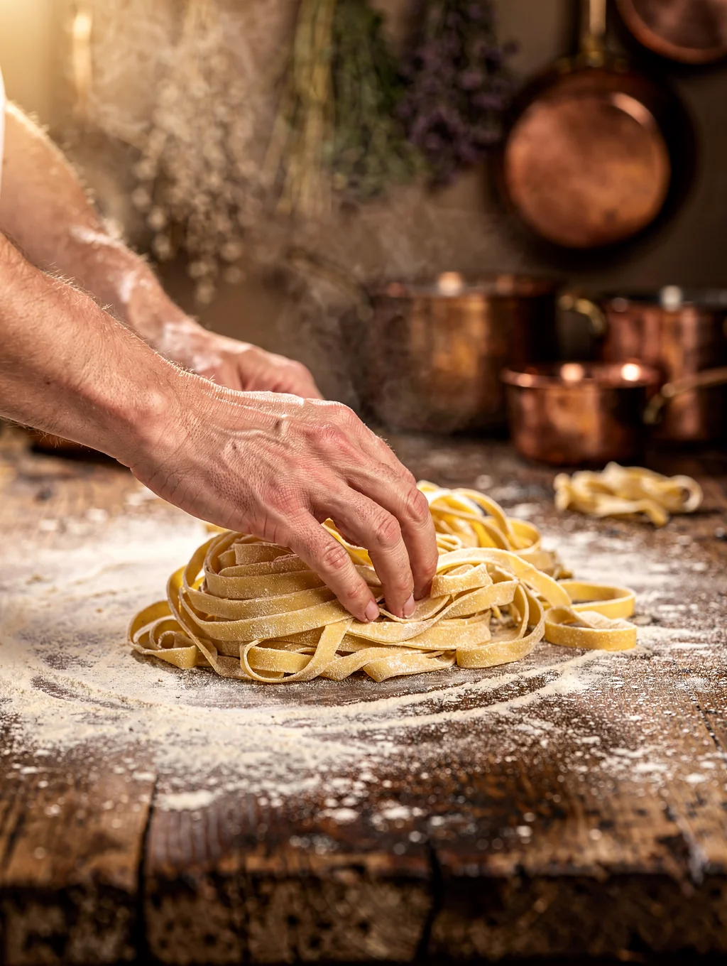 Chef folding handmade pasta dough over a rustic wooden kitchen counter