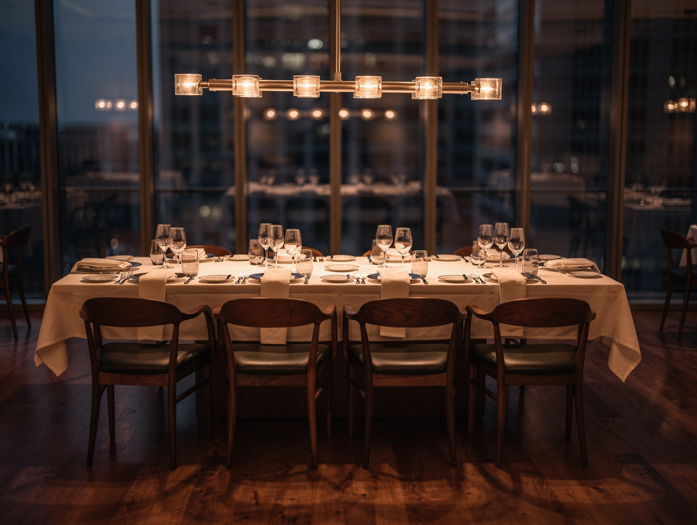 Warm candlelit dining room tables arranged with fine glassware at CUCINA