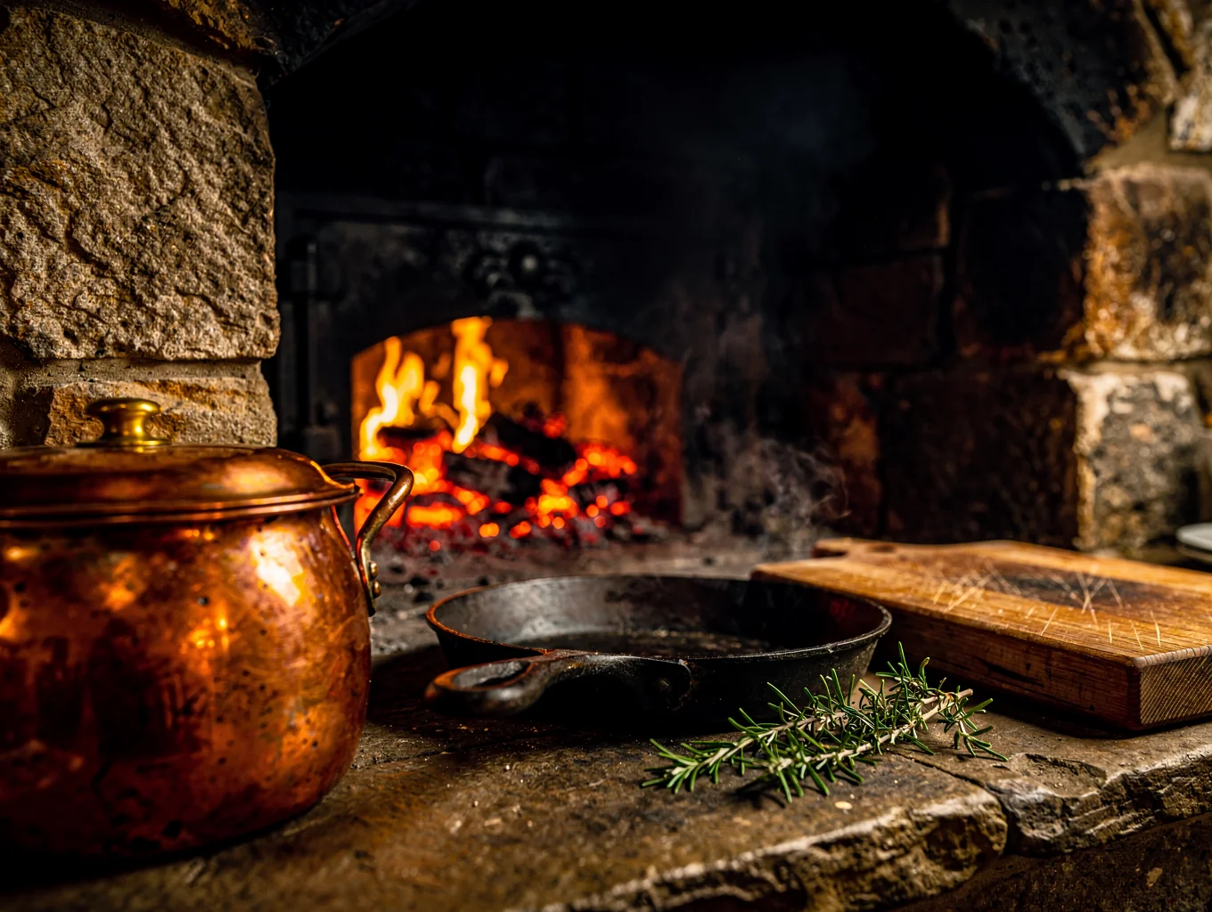 Chefs plating seasonal courses in front of an open wood-fired kitchen hearth