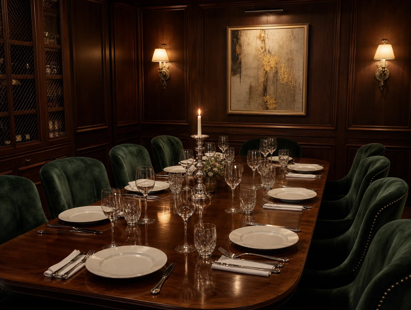 Private dining room setting with long oak table and linen napkins